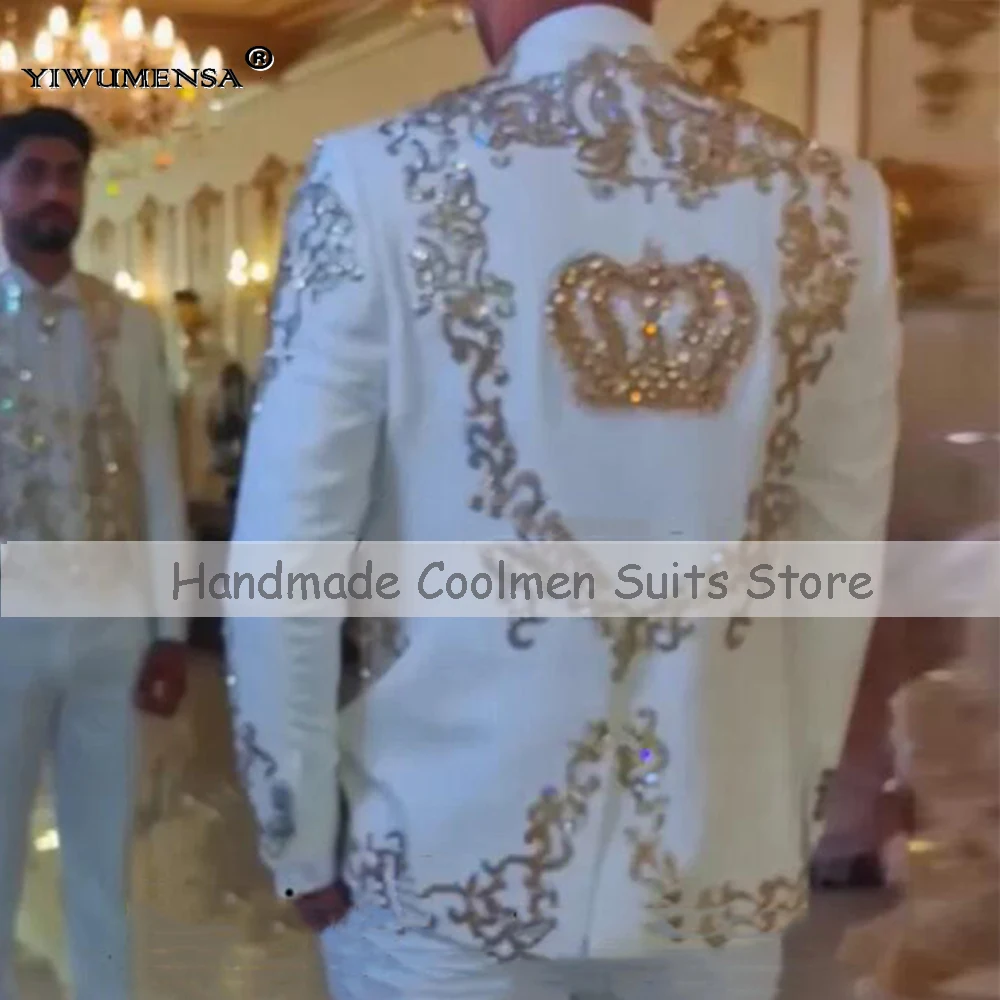 

Handsome White Suits Men For Wedding Bespoek Sparkly Appliques Prom Blazer Vest Pants 3 Pieces Formal Groomsmen Tuxedos Tailored