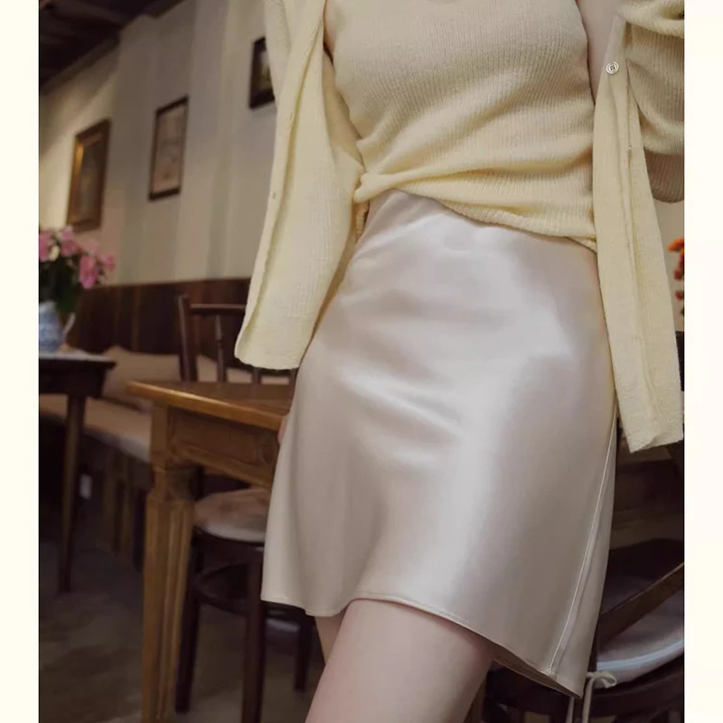 Sommerliche Damen-Röcke aus Acetatsatin mit hoher Taille, klassisch-elegante A-Linien-Kleider, koreanische Ins-Mode, dünne Röcke für Mädchen