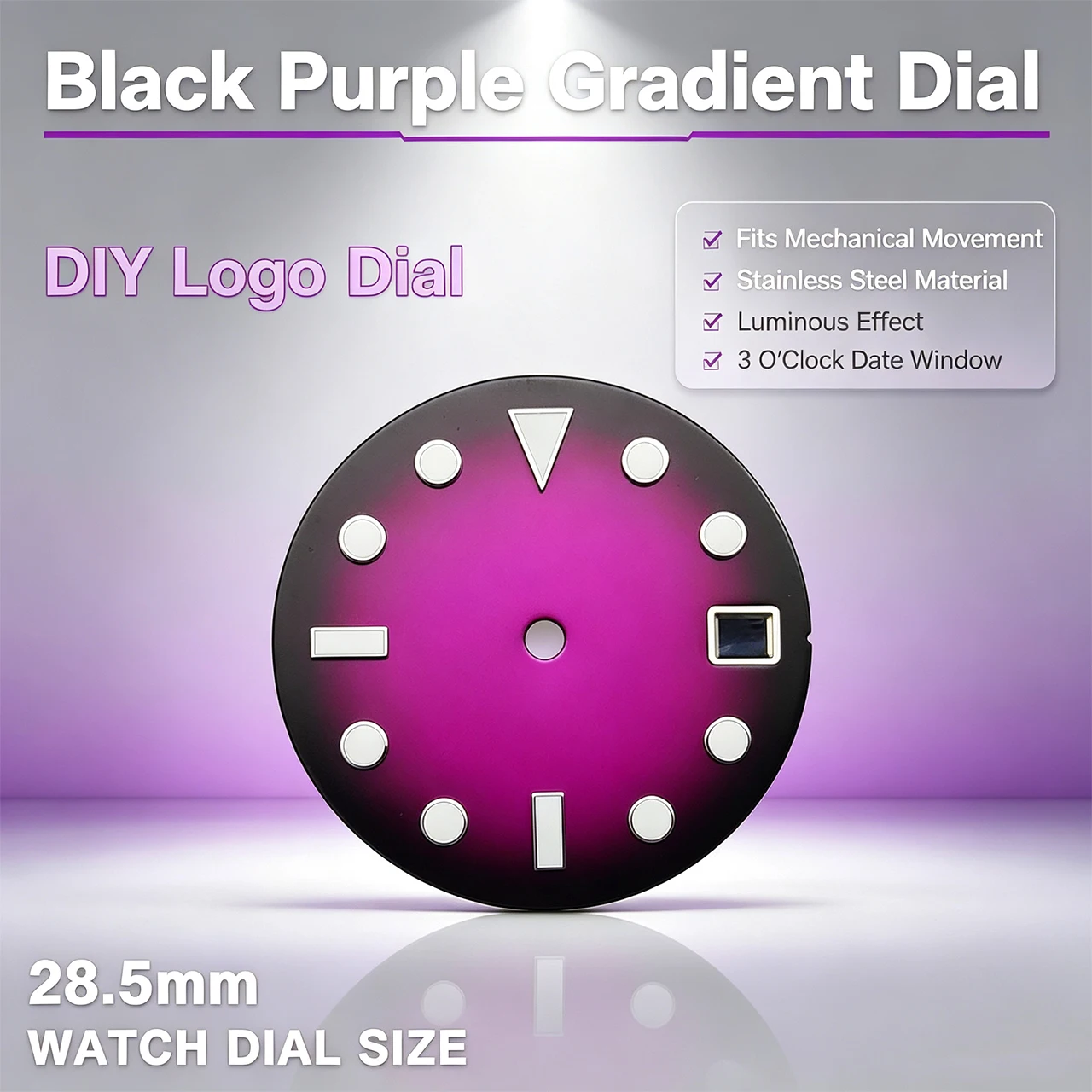 Watch Dial Custom Sterile 28.5Mm - 28,5mm Schwarz-Lila Farbverlauf Zifferblatt Blau Leuchtend,