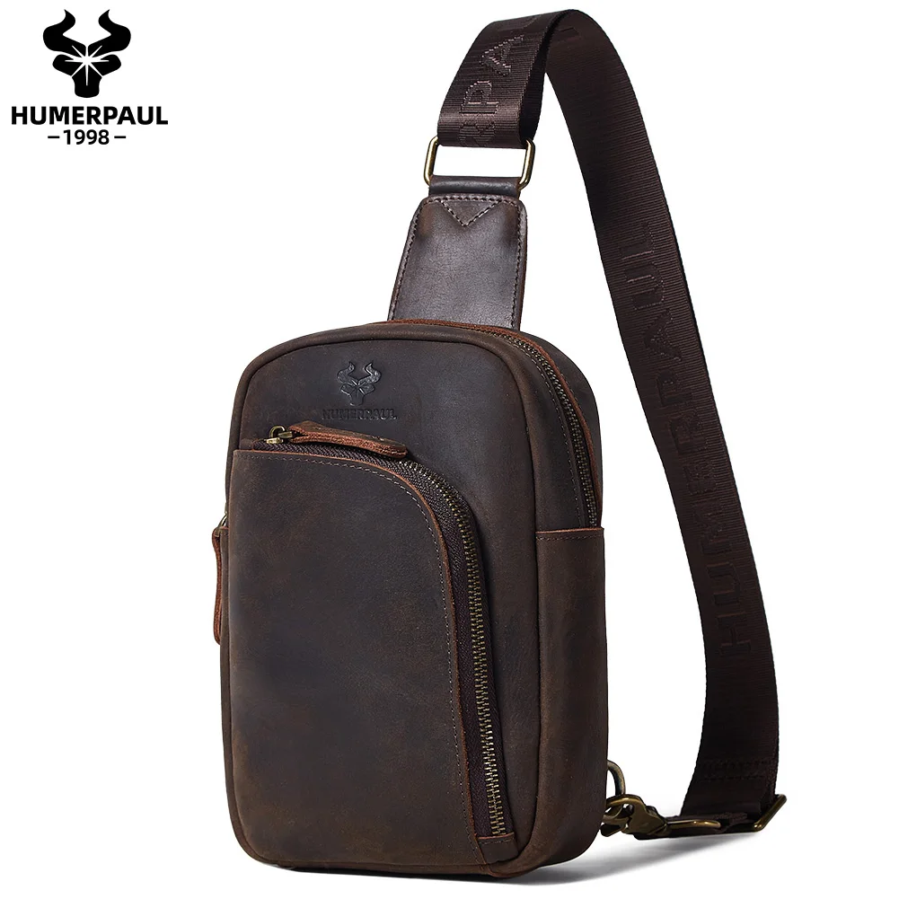 HUMERPAUL Genuine Leather Chest Bag for Men Casual Large Capacity Messenger Crossbody Bags Classic Chest Bag with Phone Pocket