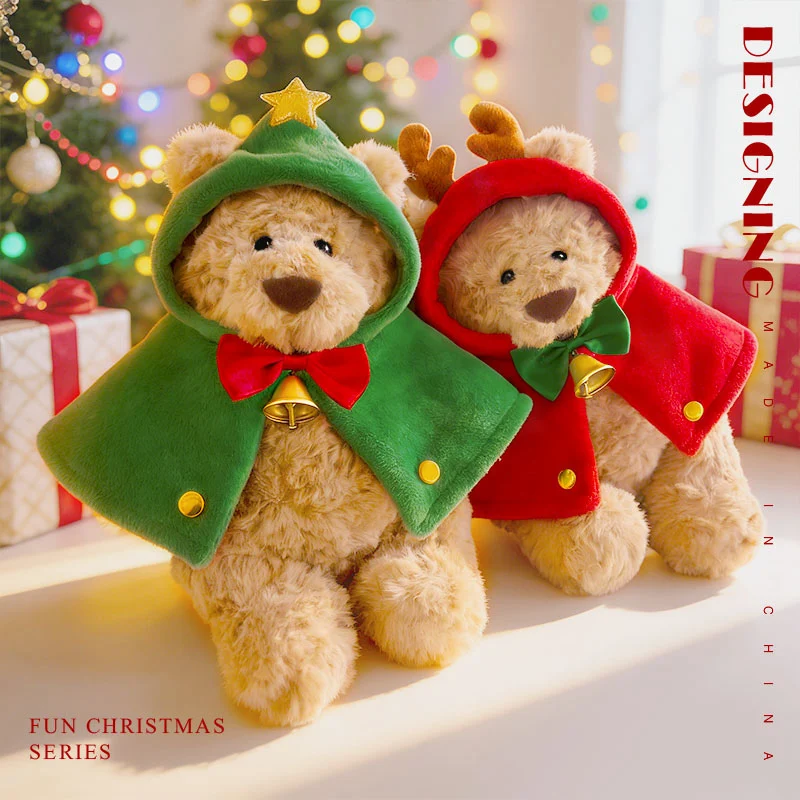 25cm Christmas Cloak Plush Toys Lovely Bear Wear Christmas Hat Soft Stuffed Animals 2 Color Plushies Doll Christmas Party Decor