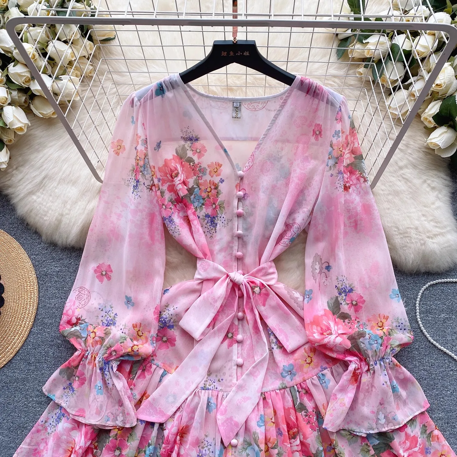 2024 Nieuwe Lente Zomer Chiffon Vrouwen Print V-Hals Lantaarn Mouw Parel Knoop Veterstrik Boho Vakantie Mini Jurken