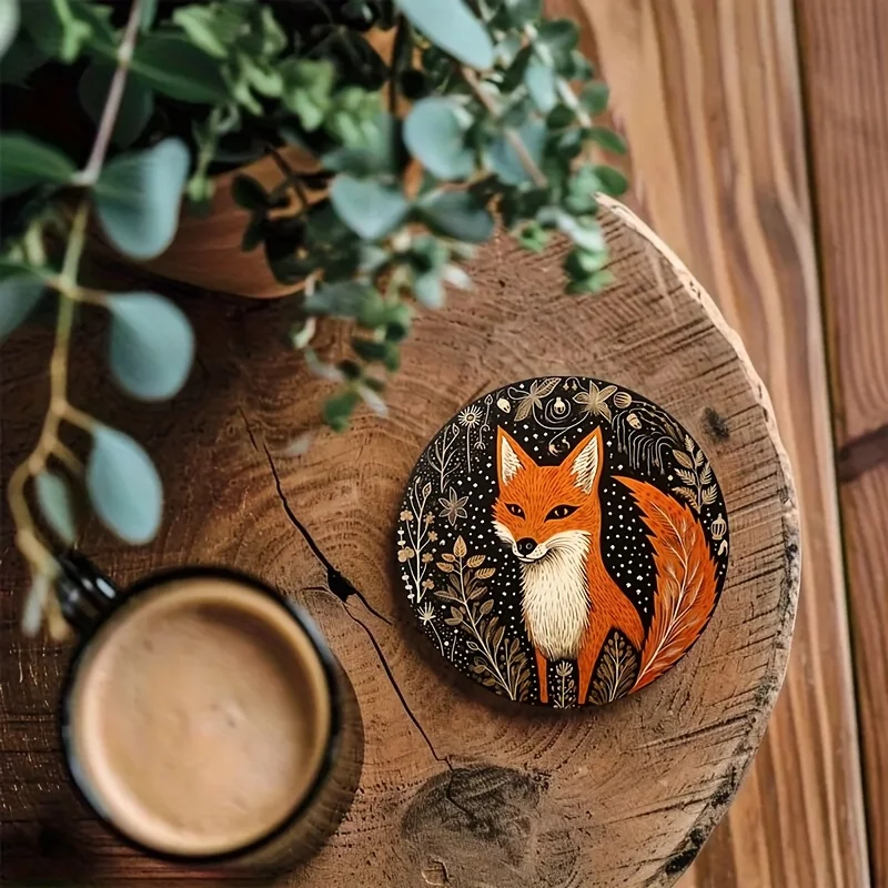 Exquisite 1pc Cute Vintage Fox Pattern Wooden Coaster Tea Cups Mats Set Fox Lovers Home Decoration Drawing Room Pet Hotel