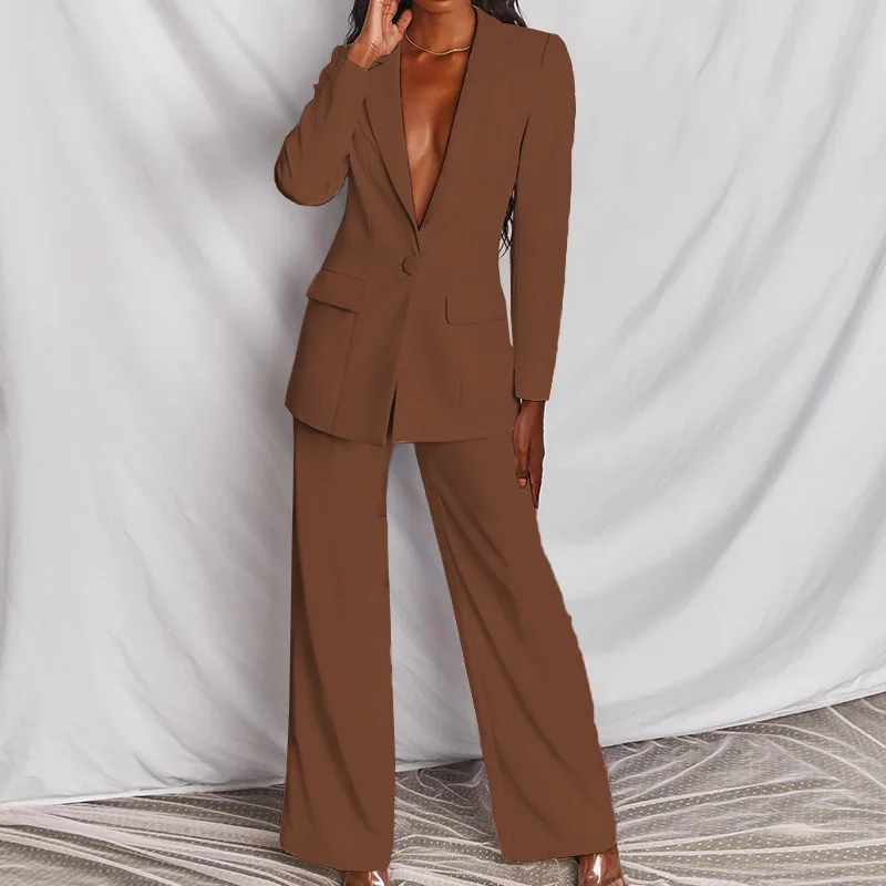 

New Pants Suits For Woman Blazer Two Piece Sets Long Sleeve Single Buttons Coat High Waisted Wide Leg Pant Women Outfits 2025