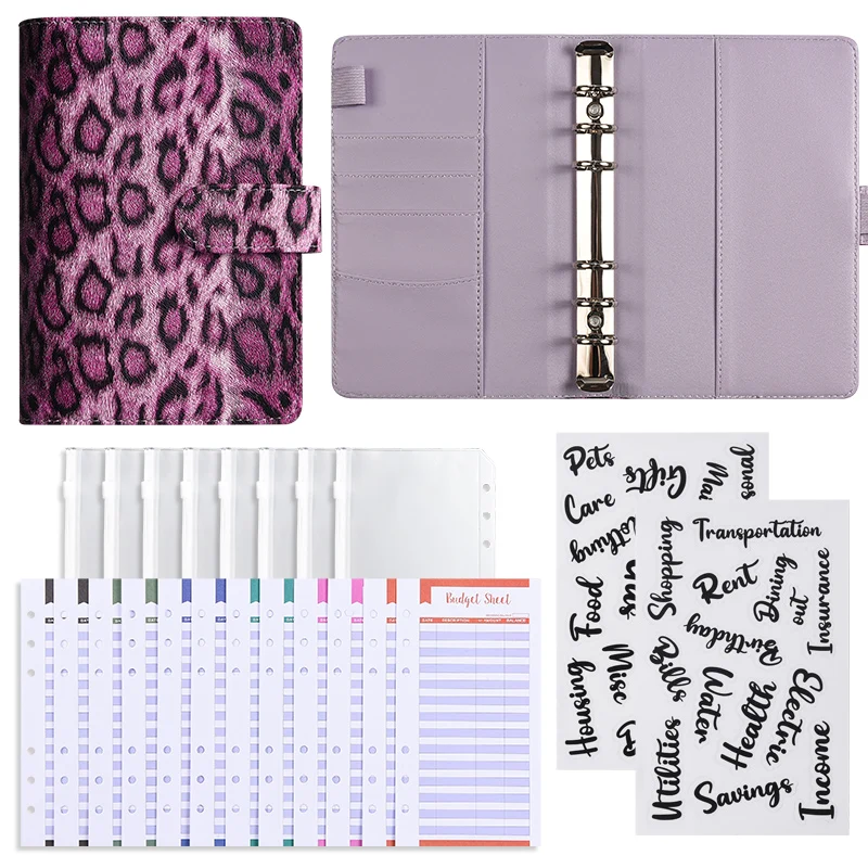 مجلد مخطط ميزانية المال بطباعة الفهد مقاس A6 مع مظاريف بسحاب، مظاريف نقدية لوضع الميزانية، منظم أموال بطبعة الفهد #6