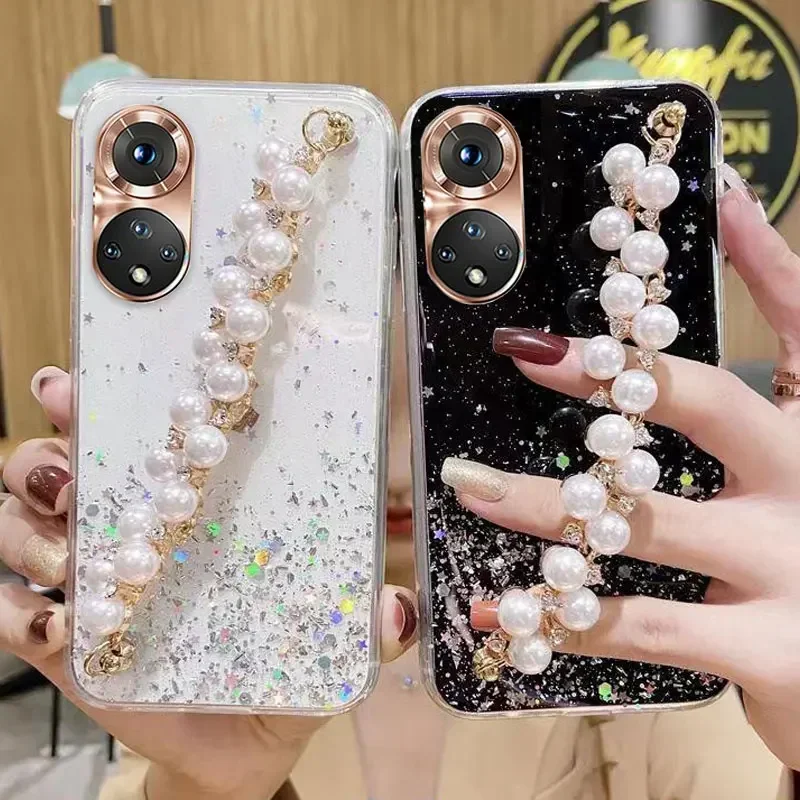 

Golden Pearl Bracelet Phone Case For Honor X7 X8 4G 50 X9 70 X9A X7A 20 Lite 10i Nova 9 10 Y70 Plus Transparent Silicone Cover