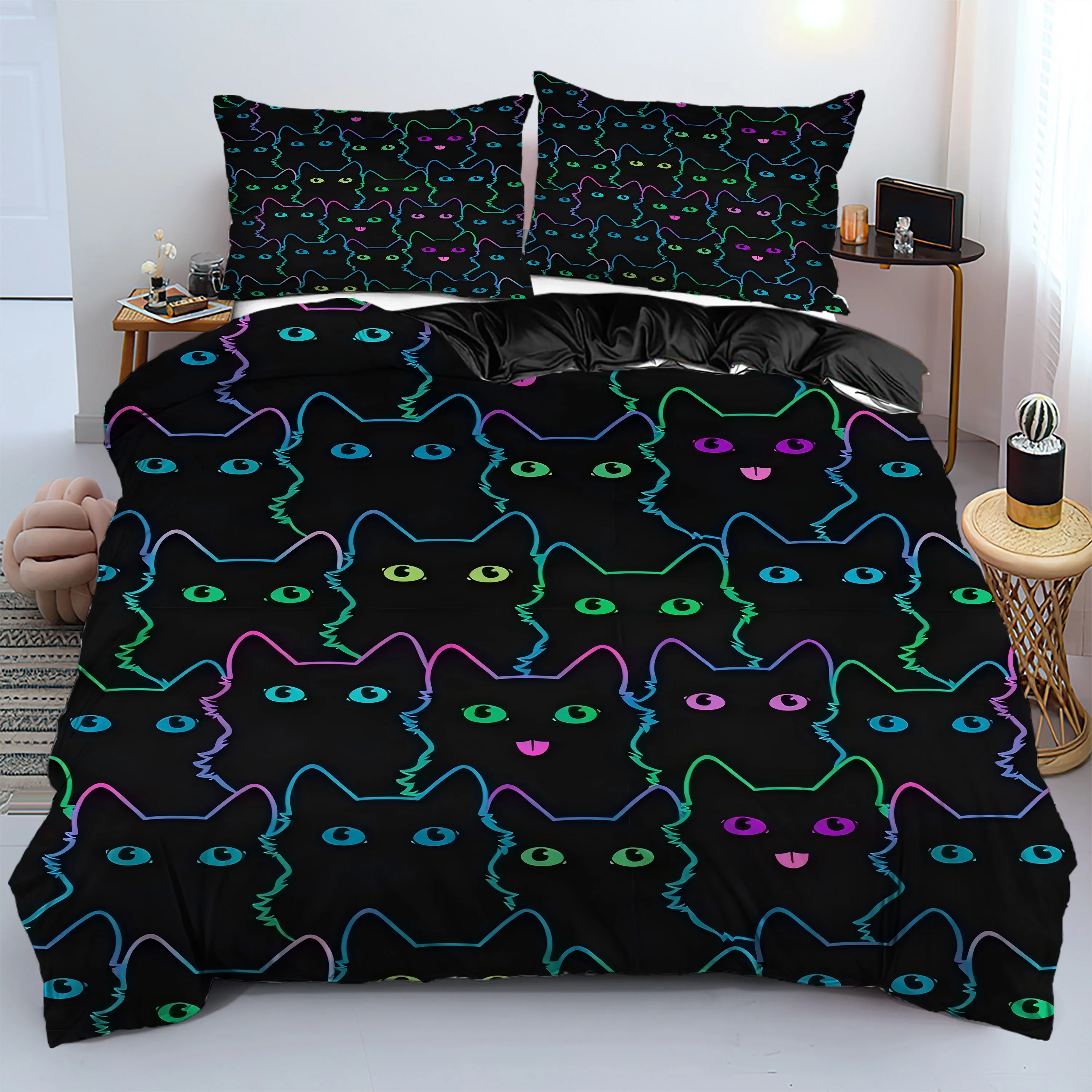 Gradient Line Cats 3D Printed Bedding Cover Animal Theme Comfortable Quilt Cover Cartoon Cat All Seasons Duvet Cover Pillowcases