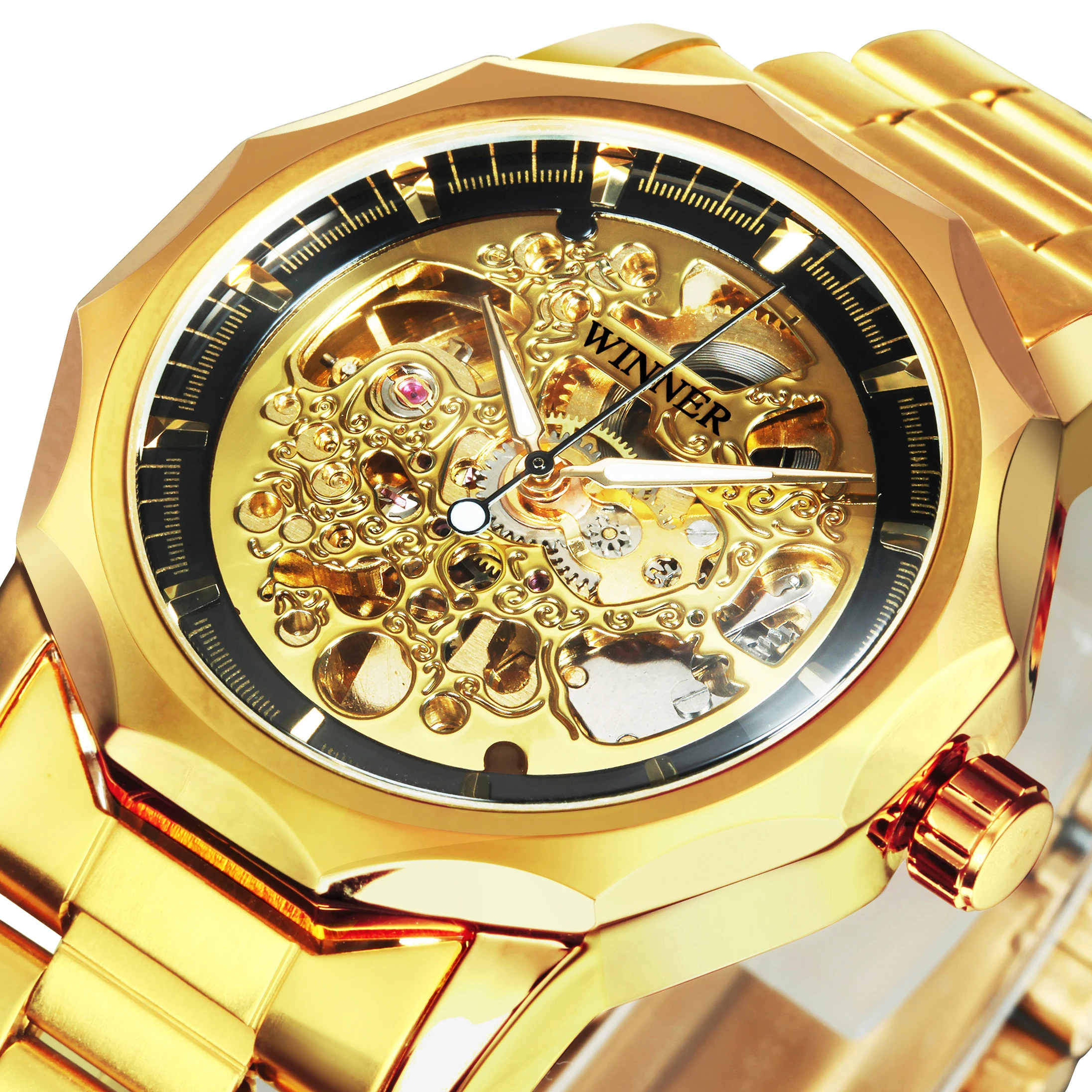 WINNER Luxury Gold Skeleton Automatic Watch for Men Luminous Pointers Royal Irregular Mechanical Watches Stainless Steel Strap