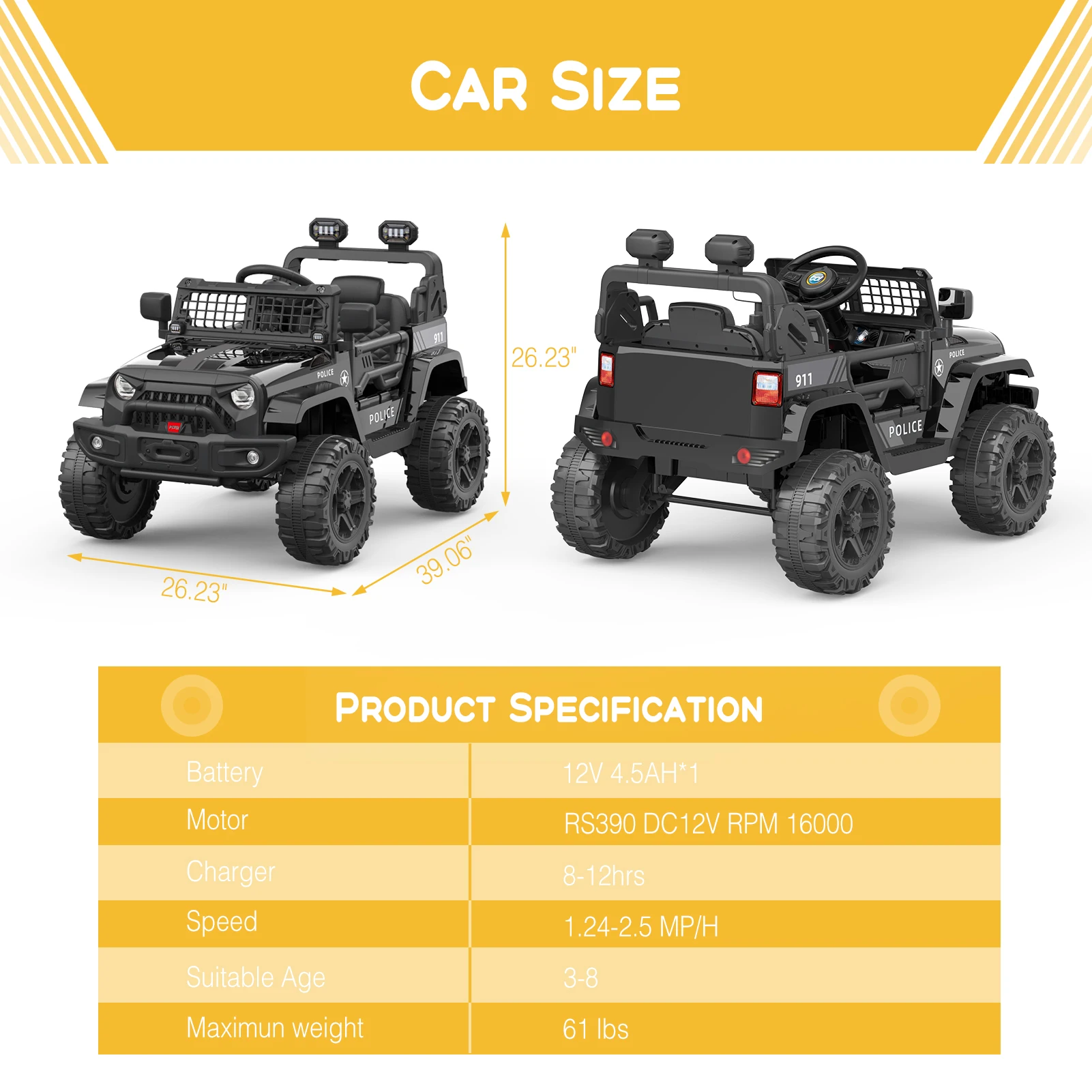 Ride on Truck Car 12V Kids Electric Vehicles with Remote Control Spring Suspension, LED Lights, Bluetooth, Music, 2 Speeds