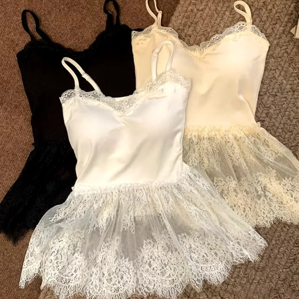 Breathable V-neck Sleeveless Camisole With Chest Pad Skin-friendly Lace Layered Gauze Skirt Lace Patchwork Ballet Style