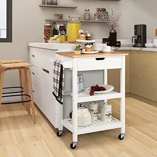 

Kitchen Island Cart with , Rolling Bamboo Kitchen Cart on Wheels, w/Pull-Out Drawer, Towel Handle, 2 Open Shelves, Mobile Coffee