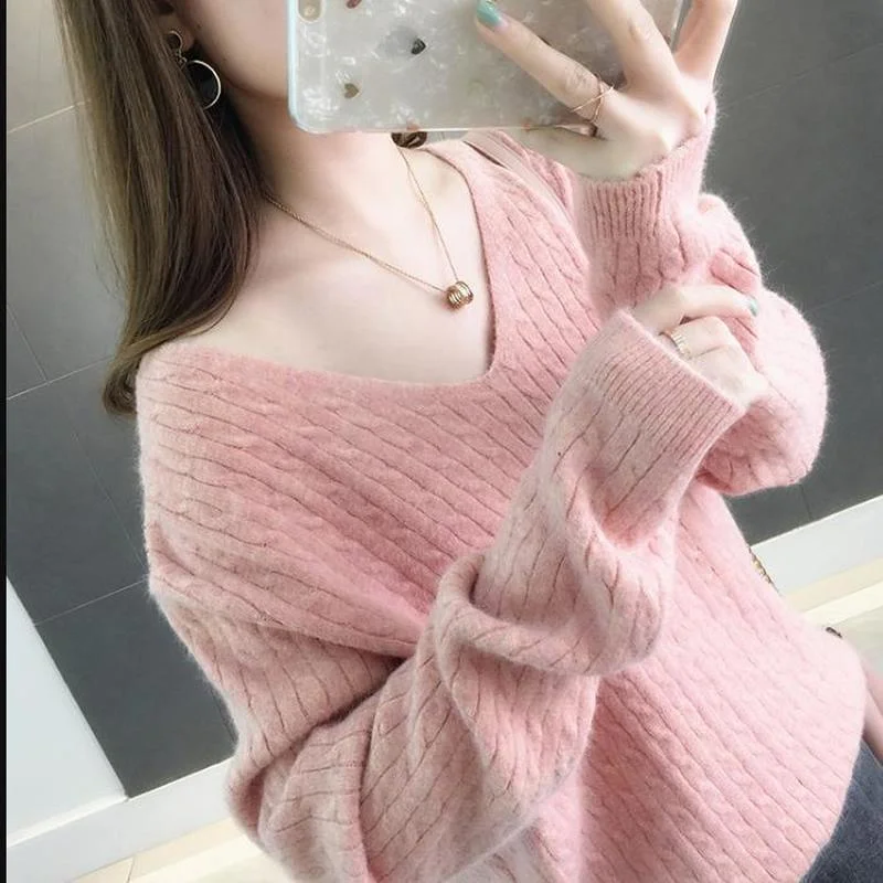 Streetwear Casual Loose Cashmere Sweater Women V-Neck Knitted Pullover Sweter 2024 Autumn Winter Pull Femme Hiver Jumper Sweater