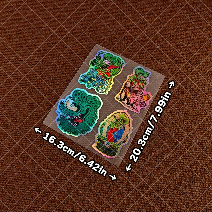 4Pcs/Set Holographic Rat Fink Vinyl Stickers, Hot Rod Style, Waterproof, for Motorcycle Car Scooter Laptop Helmet