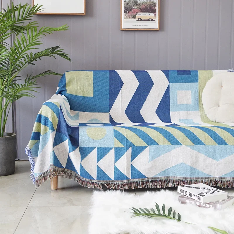 Nordic Geometric Throw Blanket with Tassels Boho Abstract Pattern Woven Sofa Cover for Living Room & Bedroom Modern Home Decor