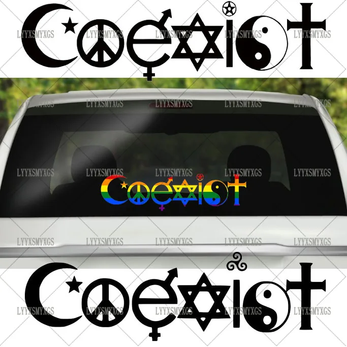 

Самоклеящиеся на заказ крутая графика Coexist автомобильные наклейки водостойкая солнцезащитная виниловая наклейка ПВХ оптовая продажа украшения автомобиля