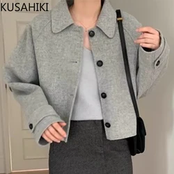 KUSAHIKI Korean Chic Autumn Turn-down Collar Single Breasted Versatile Short Woolen Jacket for Women Fashion Solid Color Coat