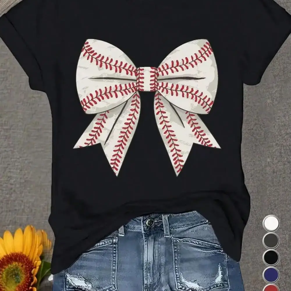 100% Cotton Baseball Themed Bow Design Pure Cotton Women s Tshirt Comfort Fit