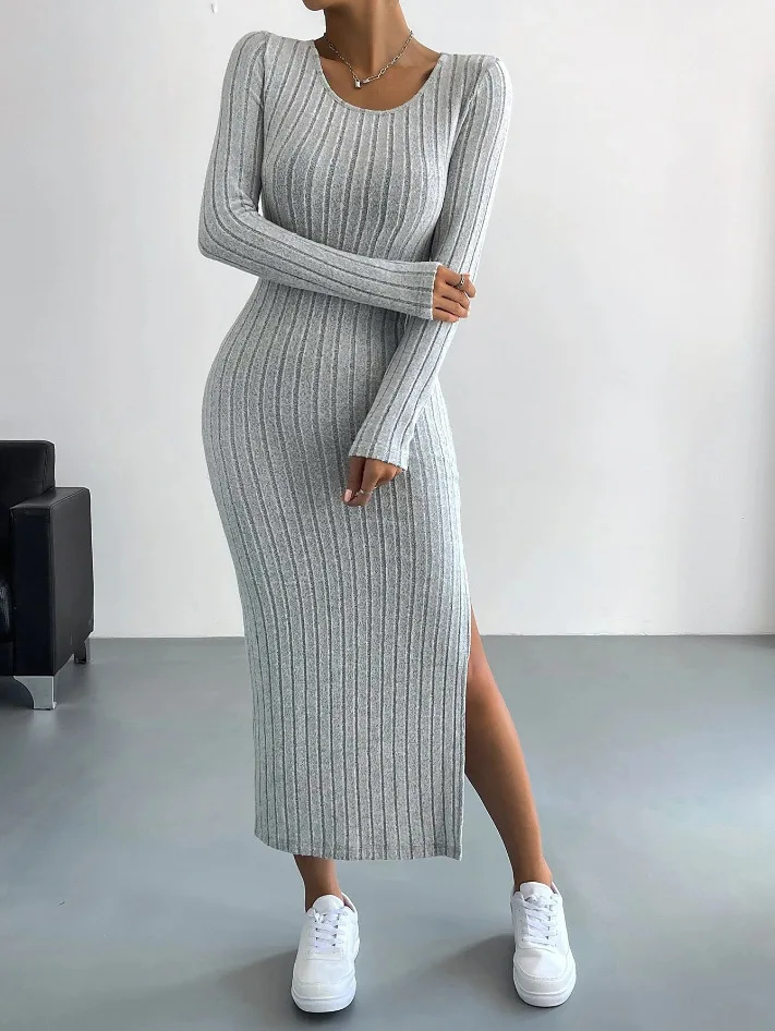 Autumn And Winter Casual Large Size Knitted Dress For Women Sexy Slim Elegant Retro Long Skirt Long Sleeve Round Neck Slit Dress