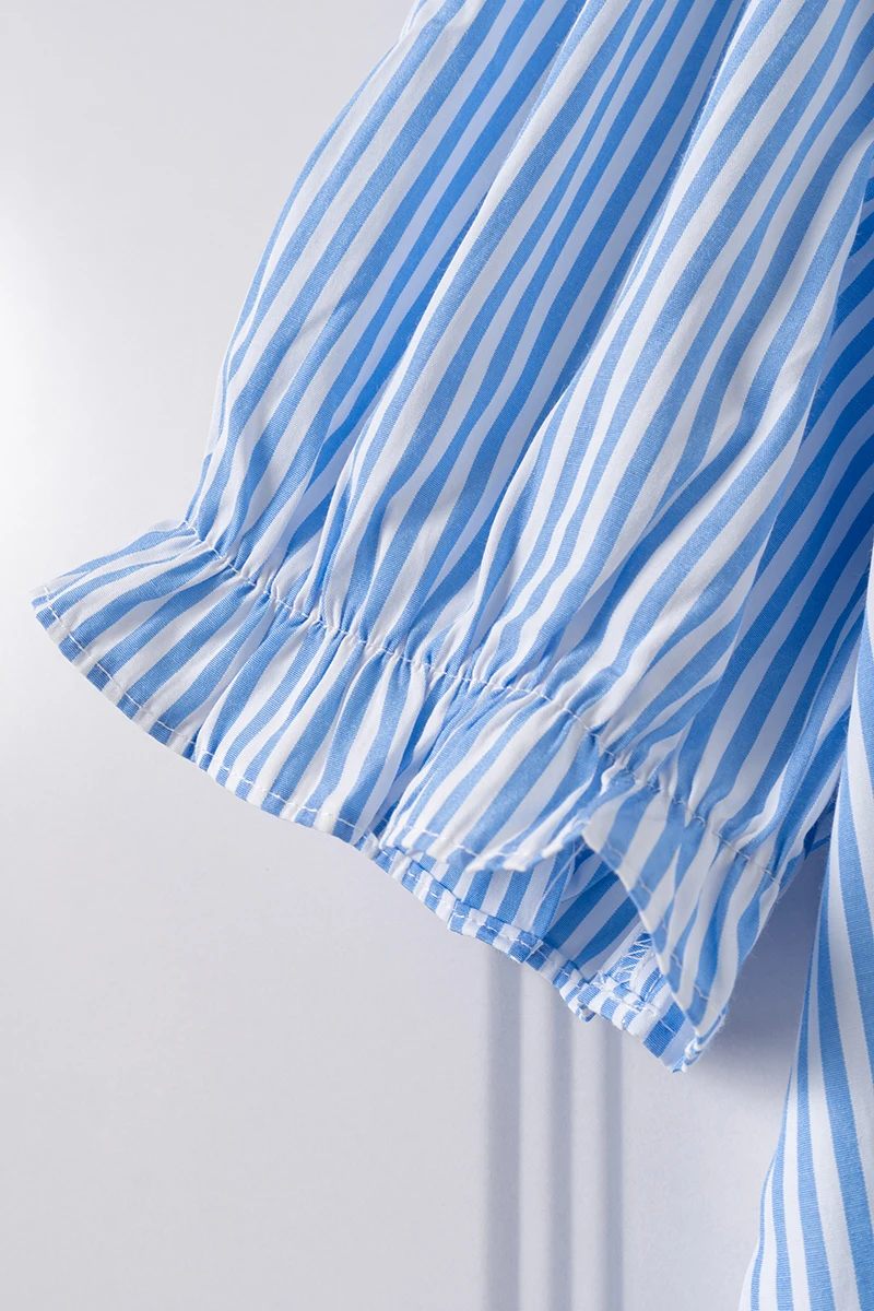 Verão nova camisa listrada vestido feminino 2025 o-pescoço mangas puff casual solto babados em camadas midi vestidos femininos