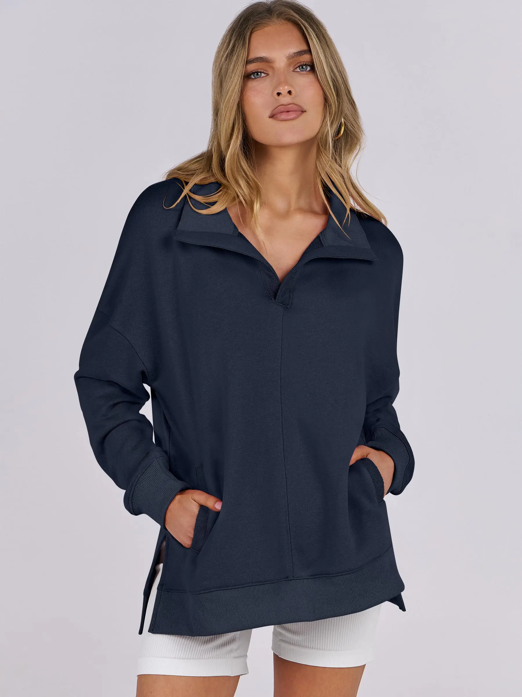 Womens Half Zip Collared Sweatshirt Long Sleeve Loose Oversized Pullover With Pockets Casual Side Split Solid Color Fall Tops