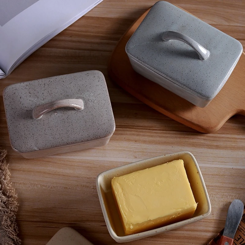 350/550ml Vintage Ceramic Butter Box with Lid Square Butter Box Grease Box Kitchen Supplies Desktop Coarse Pottery Tableware