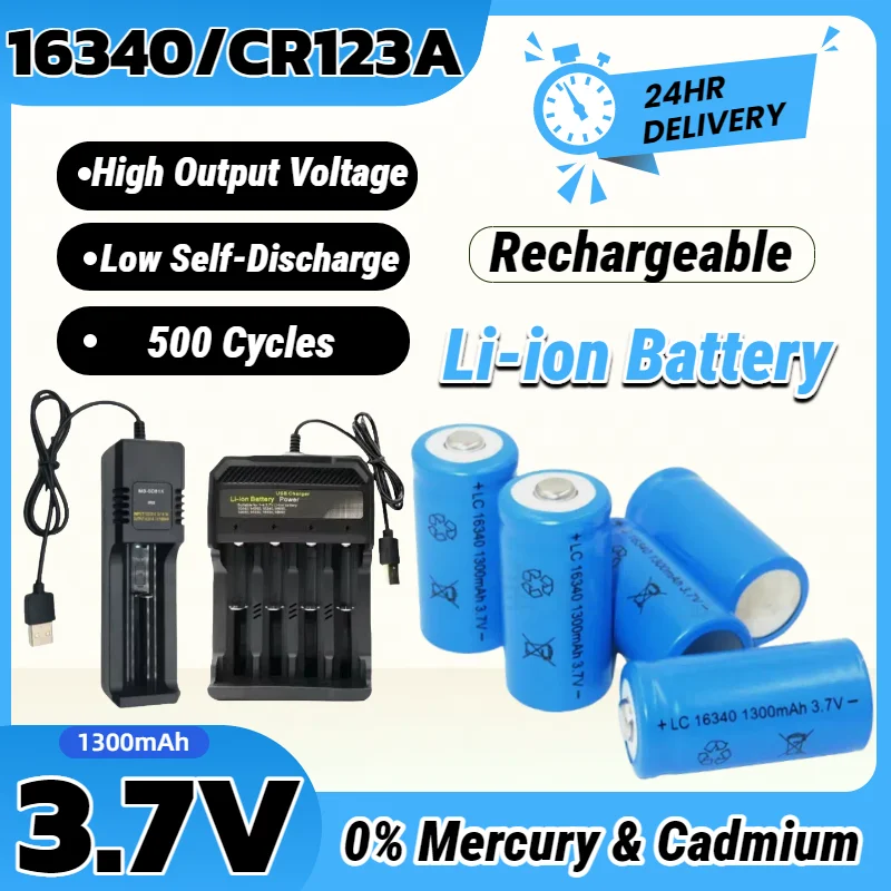 

CR123A Rechargeable Batteries 16340 3.7V 1300mAh Li-ion Battery with USB Charger for LED Flashlight, Security Camera