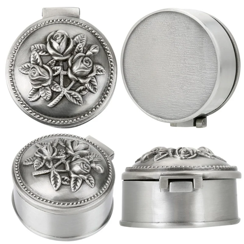 1 Pcs Vintage Flower Carved Round Shaped Zinc Alloy Jewelry Box For Ring Storage