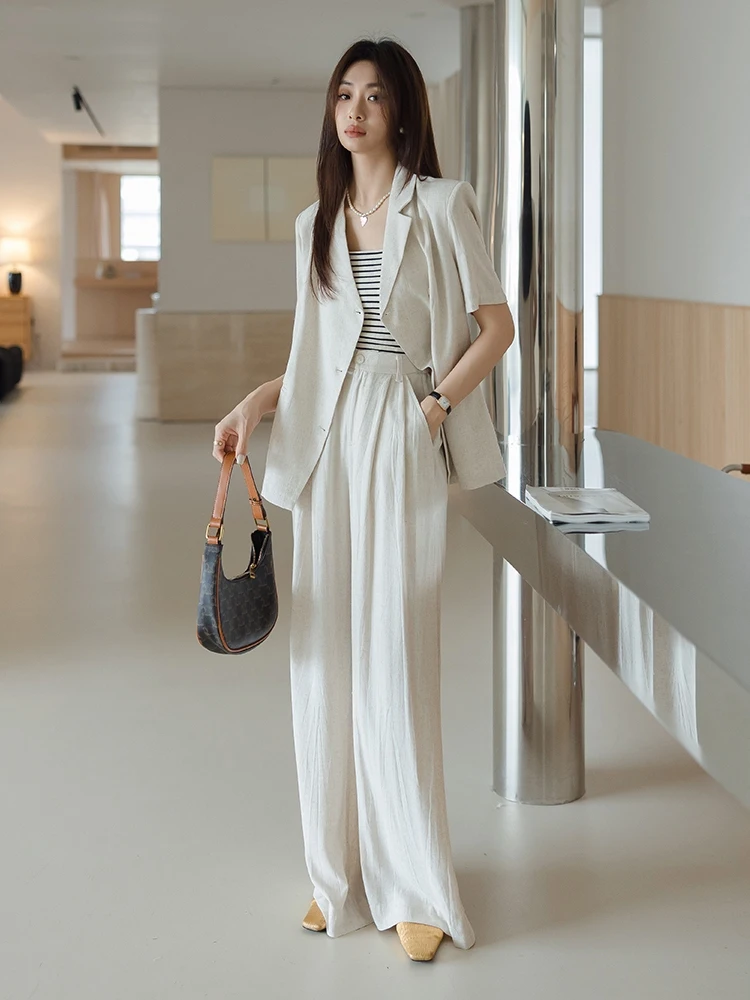 

Women's Summer Faion Set Wang Fei Home Linen Casual Pants Korean Sle Suit Jaet Long Pants ort Sve Button up