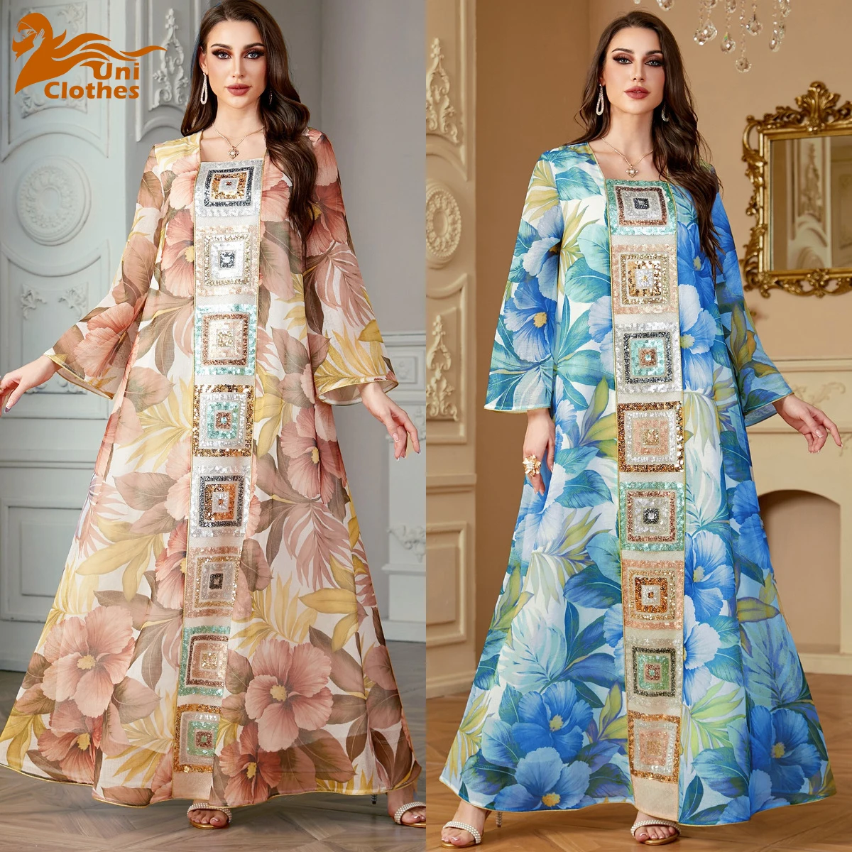

UNI Dubai Fashion Printed Abaya Elegant Abaya Islamic Women Dress Muslim Dresses Long Sleeve Robe 2025 Sequin Dress