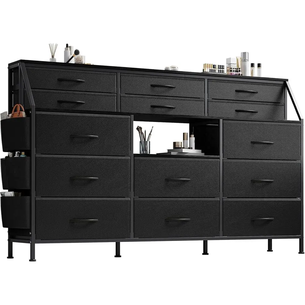 

14-Drawer Fabric Dresser, 55 Metal and Wood TV Stand with Open Shelves, Black Fabric Chest for Bedroom, Living Room, and Closet