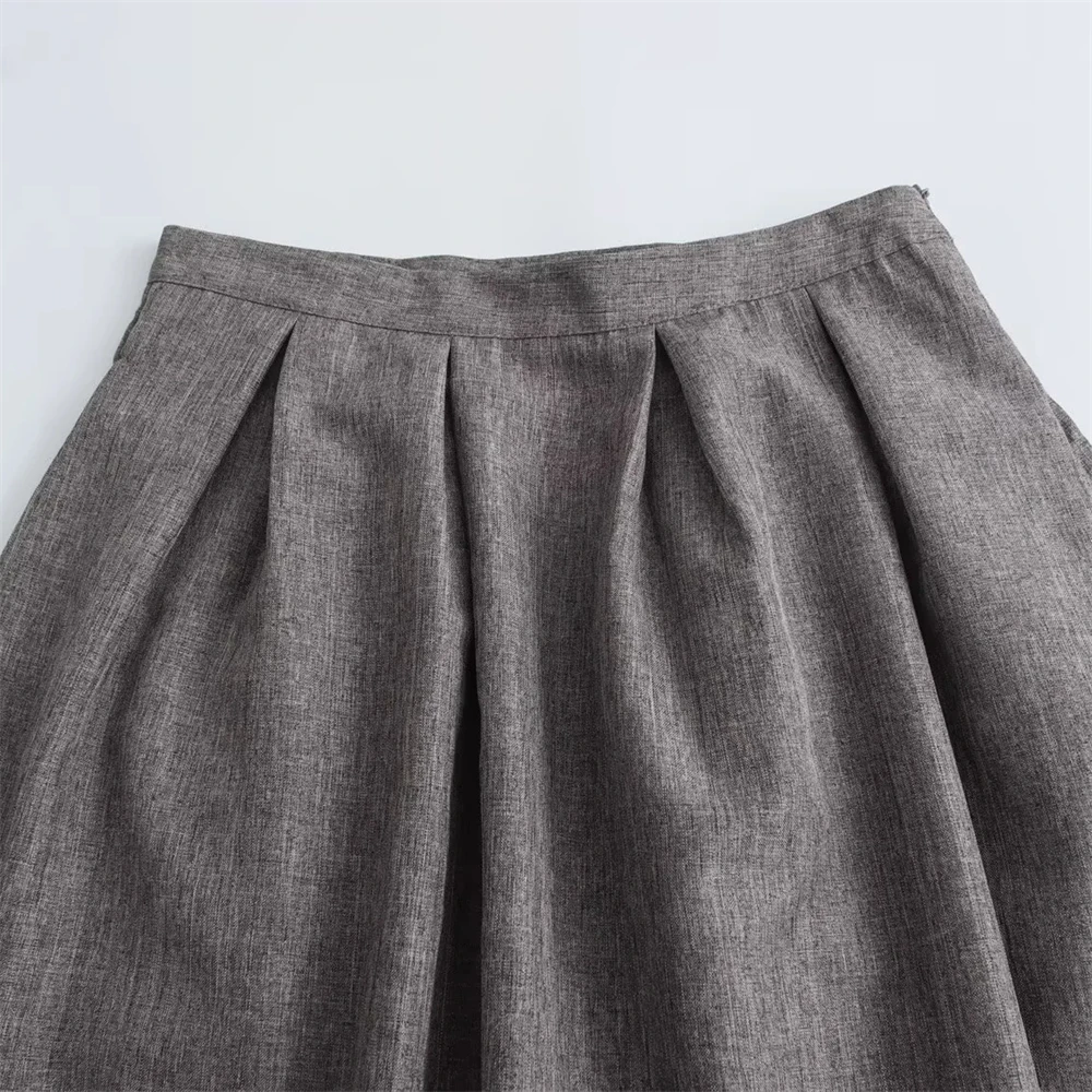 ZA 2024 Women\'s Gray Pleated Umbrella Skirt, Mid Length, Casual, College Style, Temperament, Autumn, New Item