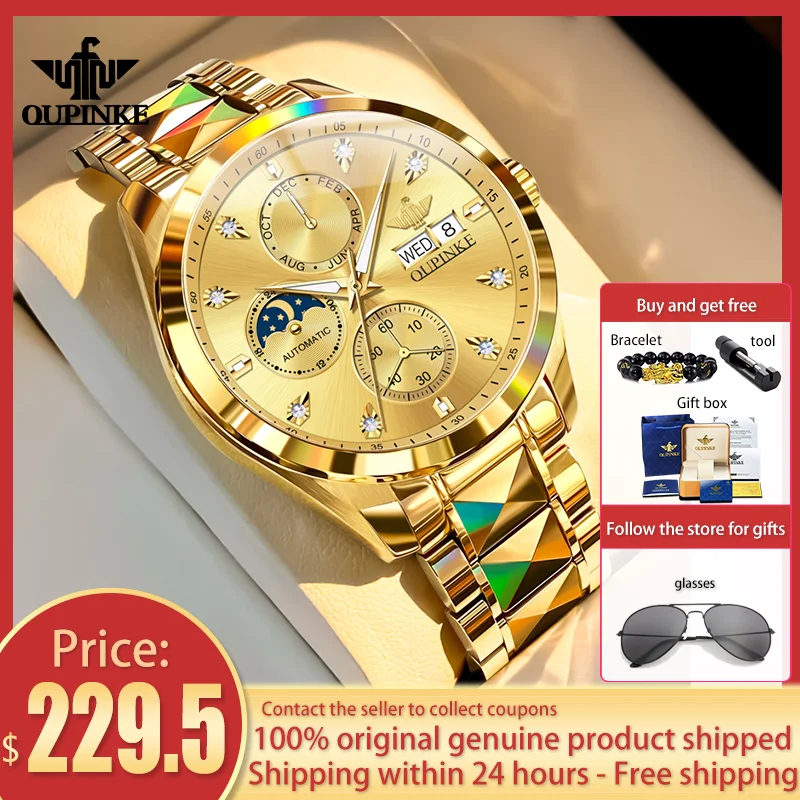 OUPINKE Luxury Original Brand Men\'s Watches Waterproof Golden Tungsten Steel Strip Automatic Mechanical Watch Date Moon Phase