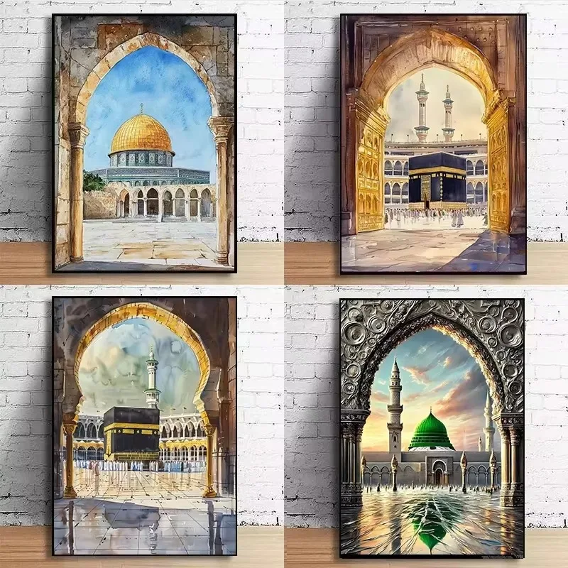 Ölgemälde-Set nach Zahlen Al-Aqsa-Moschee Kaaba Islamische Aquarell-Leinwand-Wandkunst für Erwachsene DIY Heimdekoration Geschenk