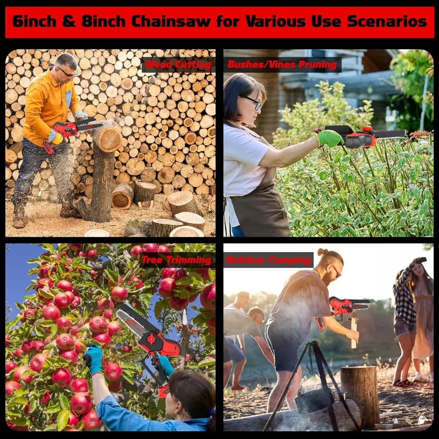 800W ブラシレスコードレスチェーンソー、オートオイルラーと安全ロック付き、木の剪定と木材切断用、2IN1、8インチと6インチのデュアルブレード