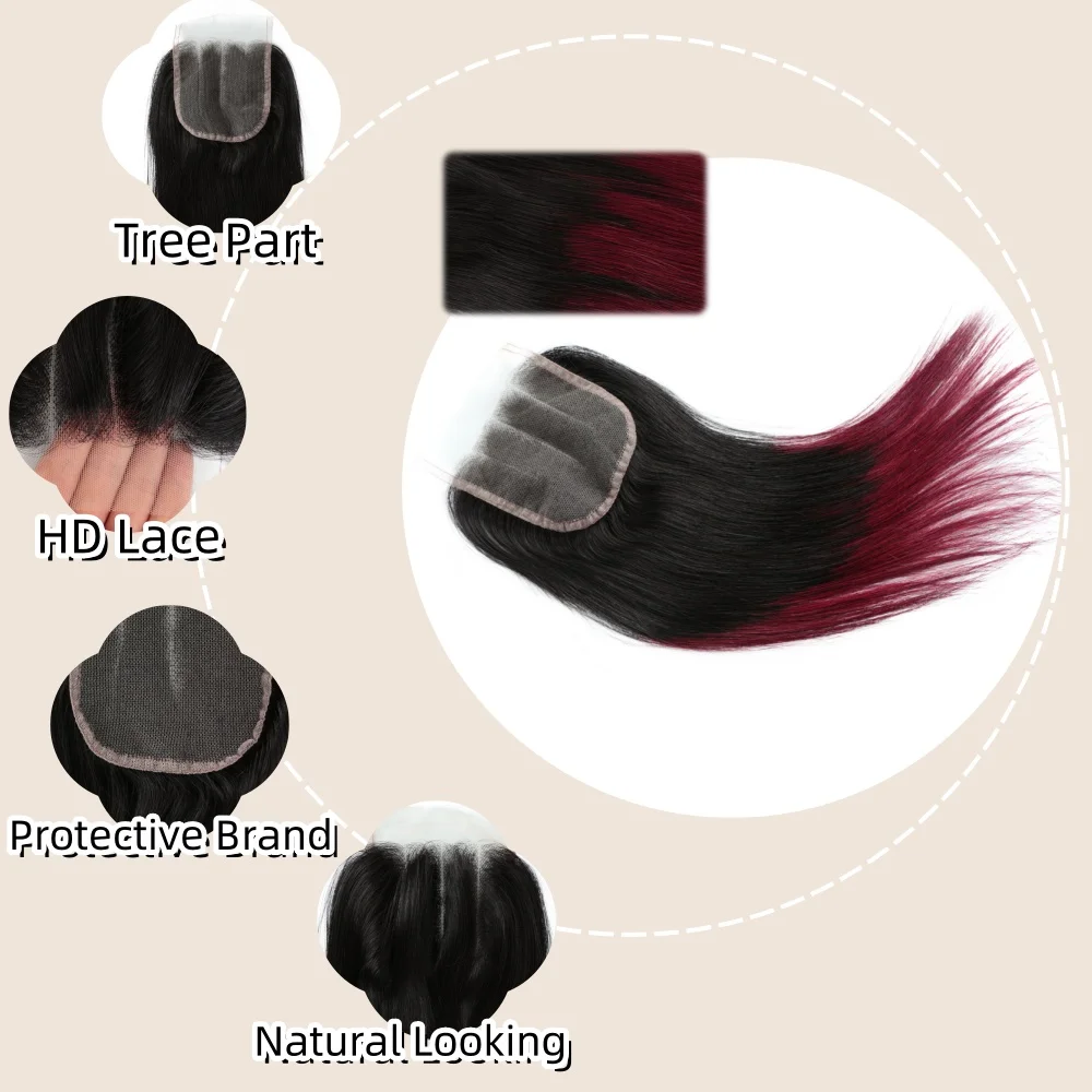 부르고뉴 옹 브르 1B/99J 스트레이트 인간의 머리카락 묶음 (클로저 3 PCS 번들 100% 인간의 머리카락 직조 투명 4X4 레이스 클로저)