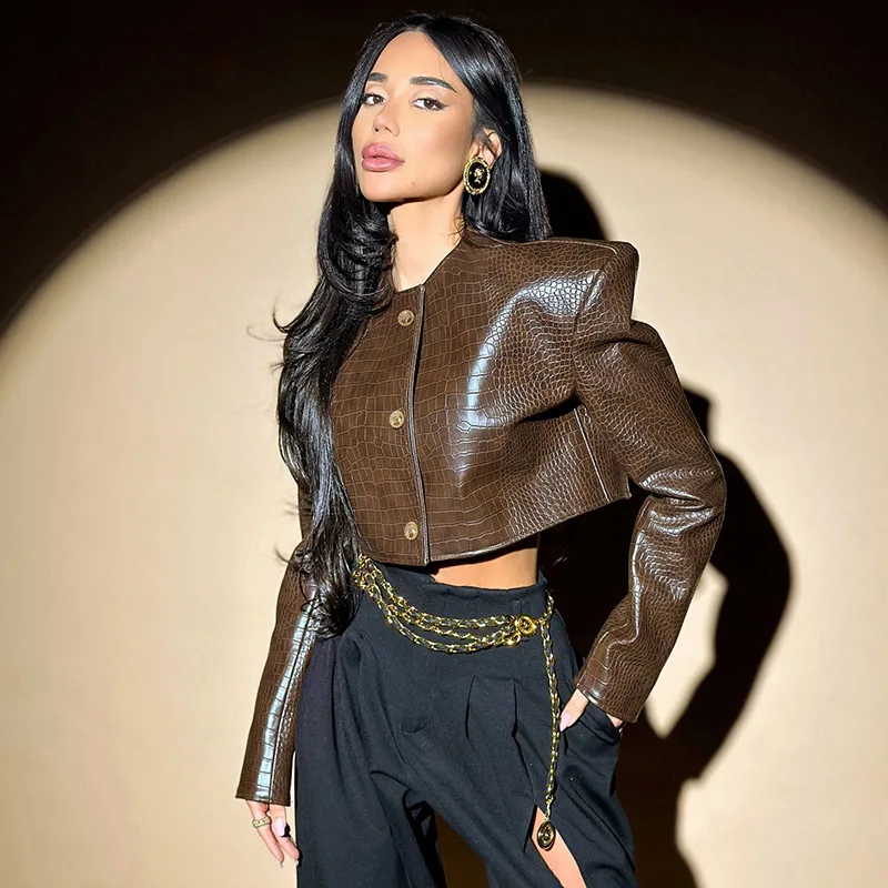 

Sexy Leather PU Jacket Woman Luxury Crop Coats Y2K Streetwear 2025 Winter Fall Designer Clothes Cropped Elegant Jackets Coats