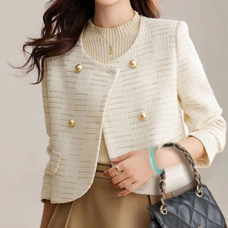 

women's high-end spring and autumn clothing, new French short style tweed top leather jacket women