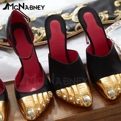 Golden Brass Toes Satin Mules Butterfly Knot Strappy Sandals Novel Designer Style High Heeled Pumps Sexy Stiletto Summer Sandals