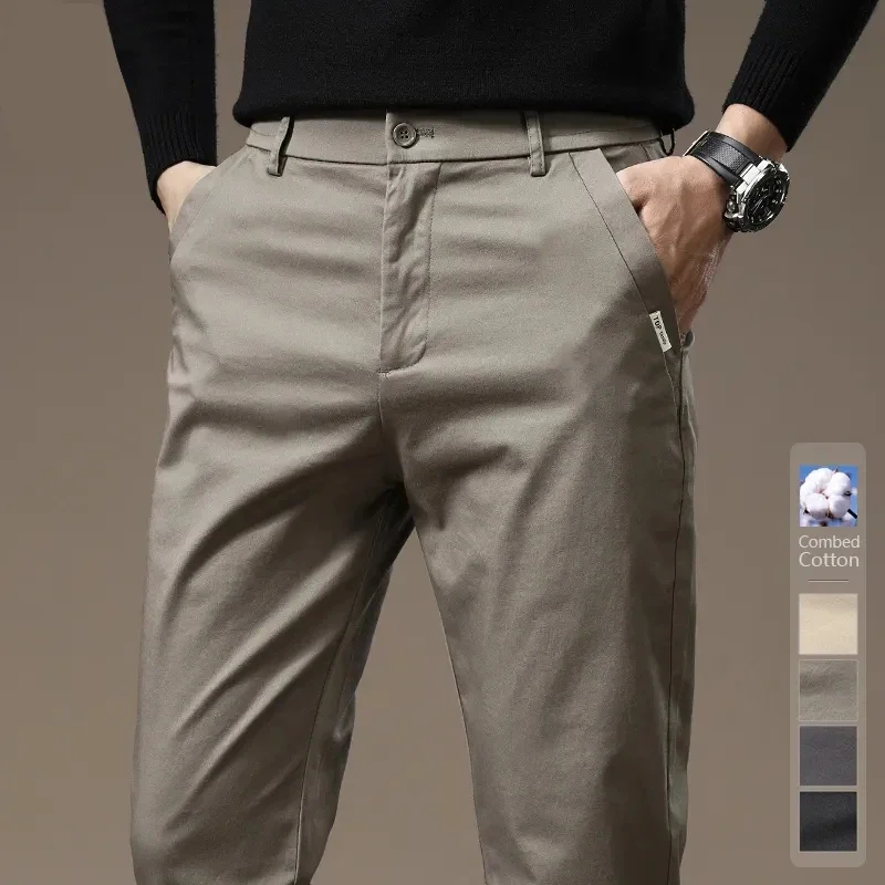 Autumn New Pure Cotton Casual Pants for Men Black Khaki Gray Business Slim Straight Elastic Fashion Casual Long Pants Male