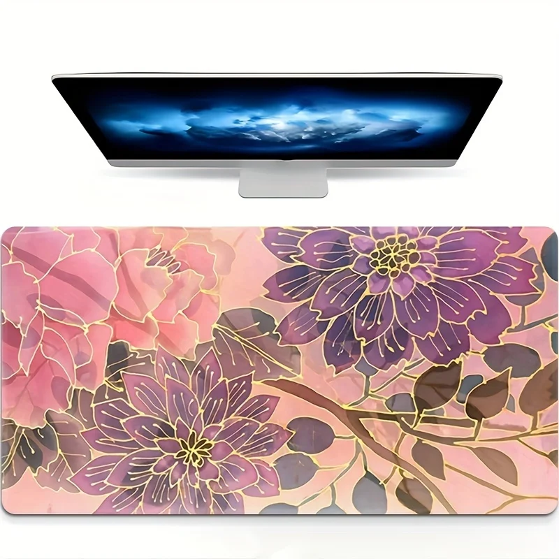 Vintage Floral Gold Outline Desk Mat Large Watercolor Extended Mouse Pad Non-Slip Rubber Mat