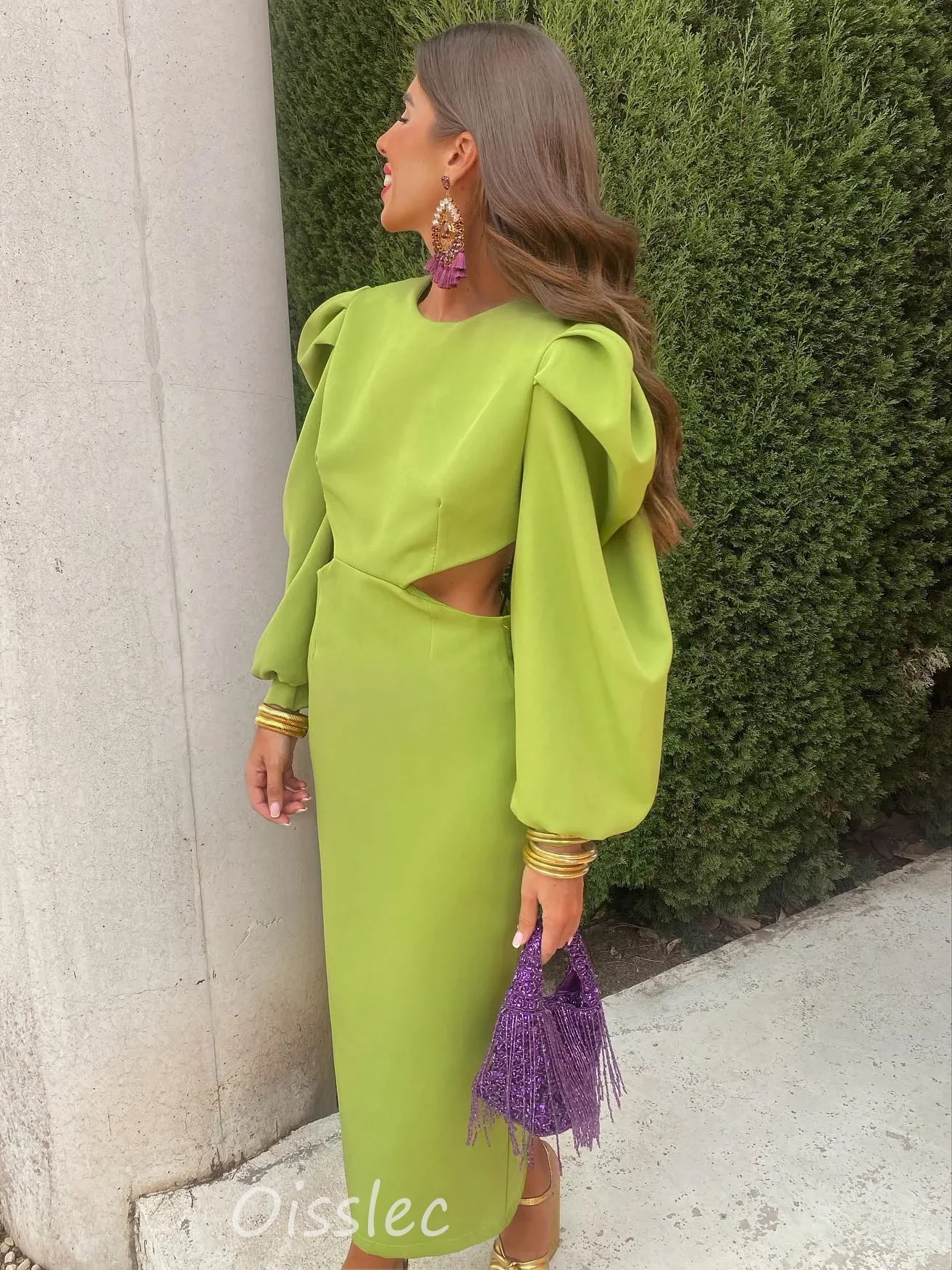 Oisslec Avocado Green Prom Dresses Backless Robes De Cocktail Dress Long Sleeves Night Party Club Women Wear Vestidos Hollow