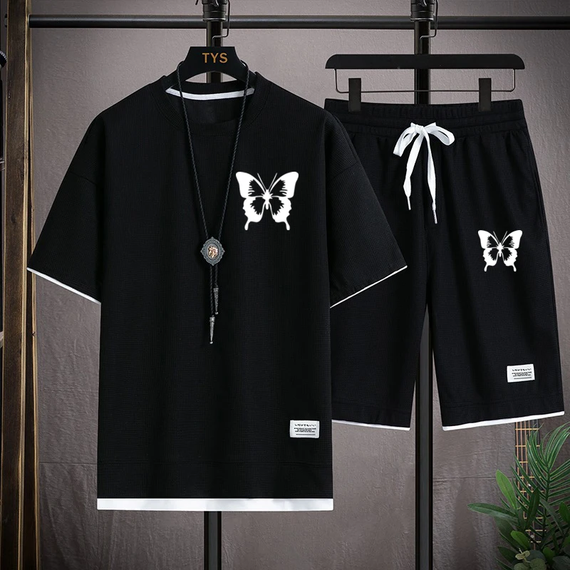 

2024 new Summer Men's Waffle Sets Casual T-Shirt And Shorts Set Male Sports Suit Cute and cartoon butterfly Tracksuit Loose Suit