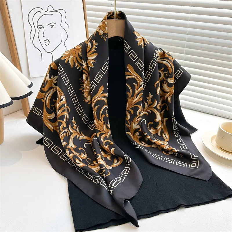 Vintage 90X90cm Square Scarves Luxury Design Women Scarf Hijab Hairband Neckerchief Bandanna Shawl Sunscreen Wraps Foulard Gift