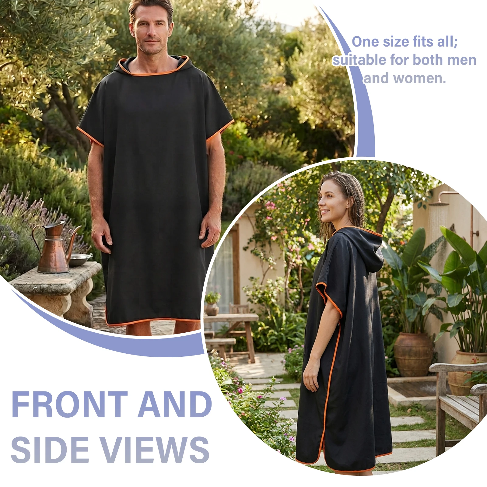 Solid Color Hooded Bathrobe Towel 90x110cm Soft Quick Dry Lightweight Beach Changing Robe Swim Cover up for Pool Spa Travel