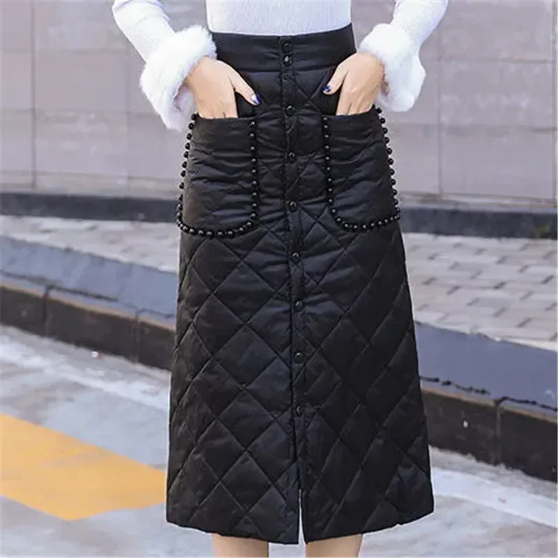 Down Cotton Skirt for Women 2024 New Autumn Winter Windproof Warm Cotton Skirt High Waist One Piece Mid-Length Skirts Female