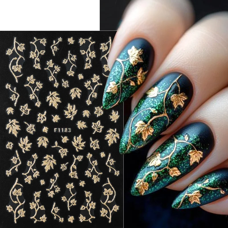 Autocollants pour ongles en forme de feuille de paillettes dorées brillantes, feuilles d'automne scintillantes, fleur d'hibiscus, modèles français, breloques pour ongles, décalcomanies de décoration
