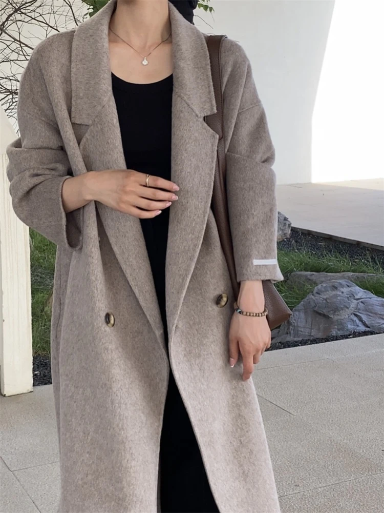 

Solid Color Soft Double-sided Cashmere Coat Women Mid-length Autumn Winter New Loose Double Breasted Woolen Coats Tweed Jacket