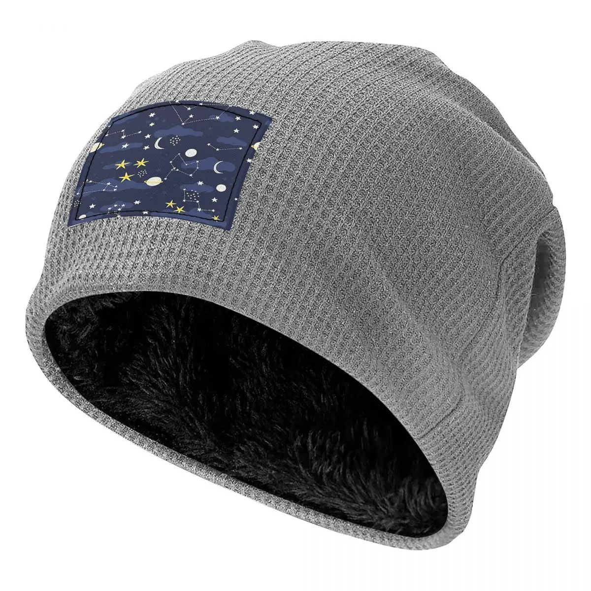 Galaxy Cosmos Moon Stars Astronomy Cartoon Universe Waffle Knit Fleece Lined Beanie with PU Leather Patch Warm Winter Soft Cap