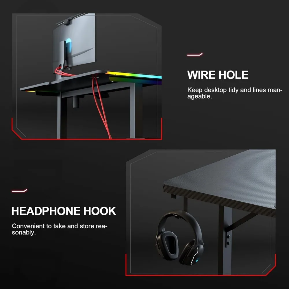 55 Inch Gaming Desk with LED Lights, Carbon Fiber Surface Computer Desk with Mouse Pad and Headphone Hook for Home Office