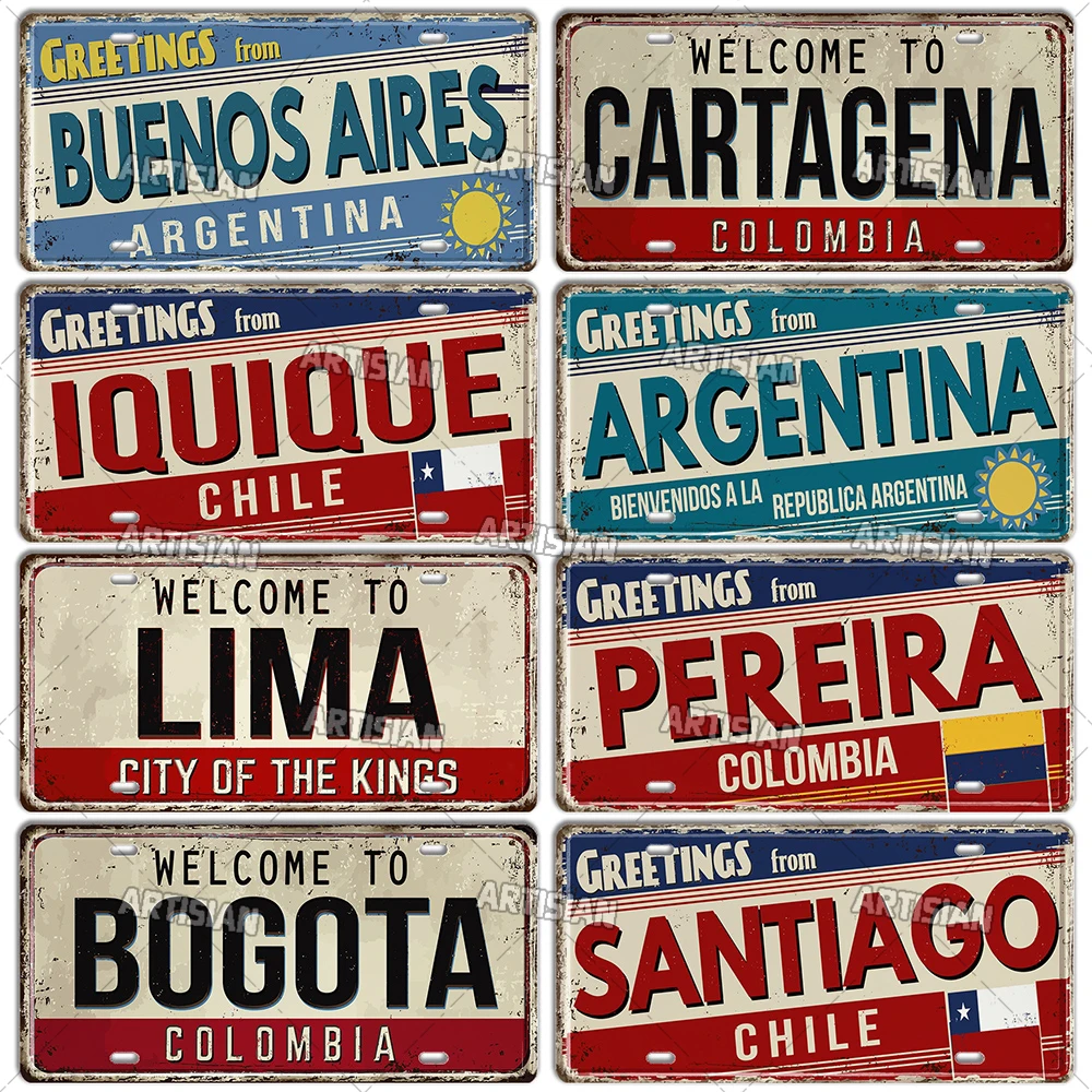 Artisian Argentina ecuador Chile Colombia License Plate Landmark Metal Sign City State Decorative Car Plate Wall Decor Garage